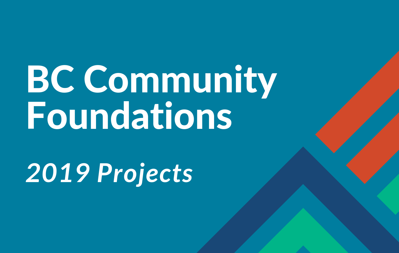 White text reading "BC Community Foundations, 2019 Projects" on a blue background with multicoloured squares and lines